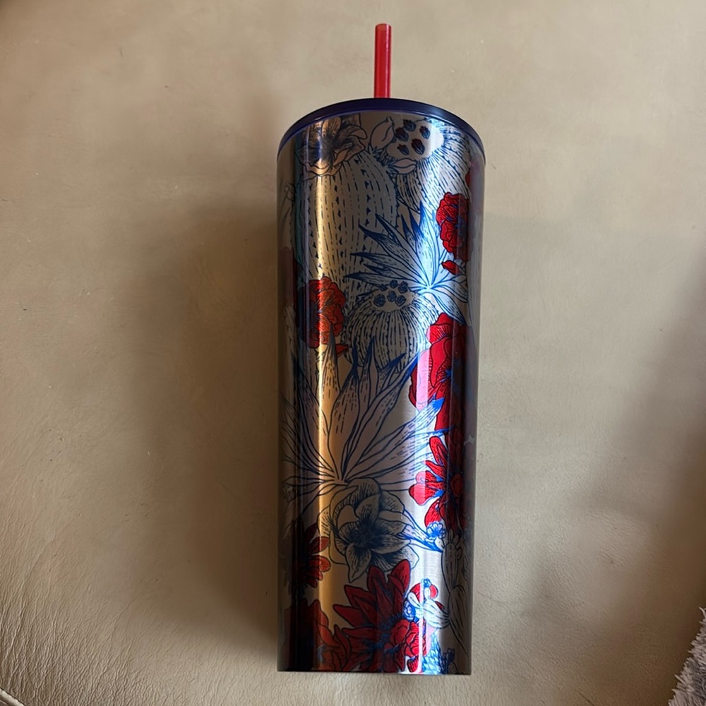 Ultra rare cactus Starbucks Tumbler red & blue desert flower no dents